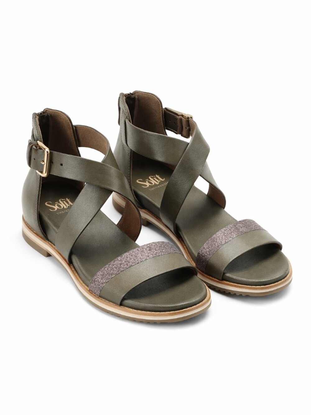 Sofft Florella Olive Green Leather Cross-Strap Wedge Sandals with Buckle Size 10